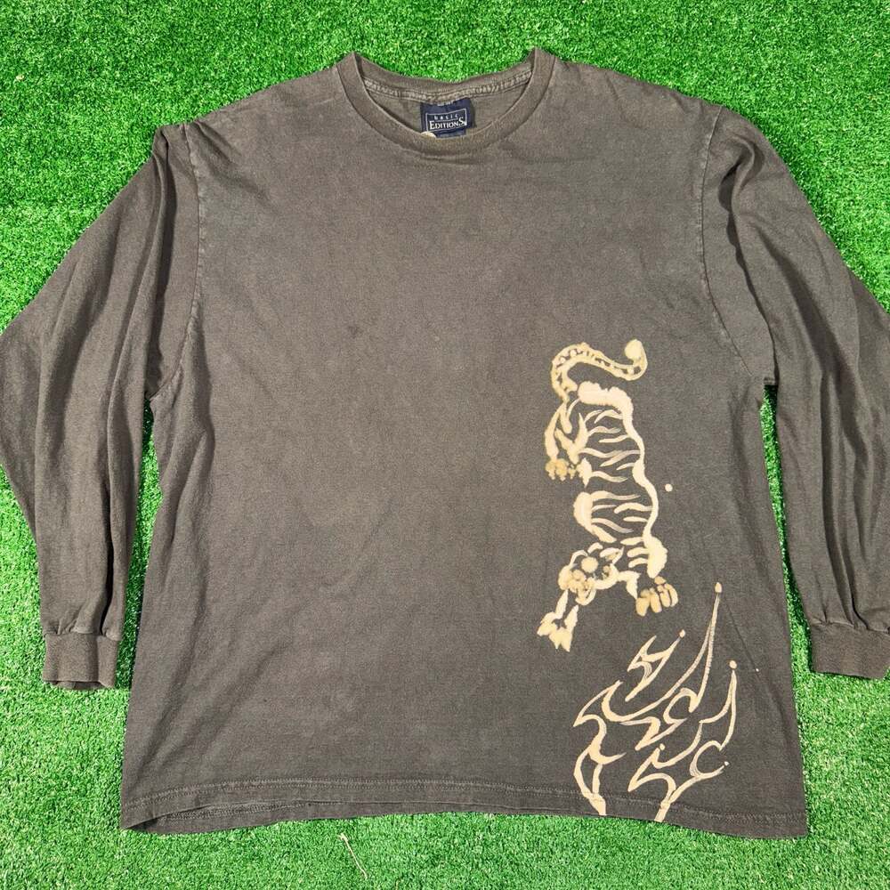 Y2K Hand Drawn Tiger Graphic Long Sleeve Crew Neck T-Shirt